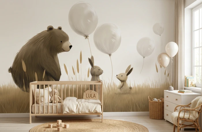 Tapeta z niedźwiedziem, królikami i balonami BALLOON
