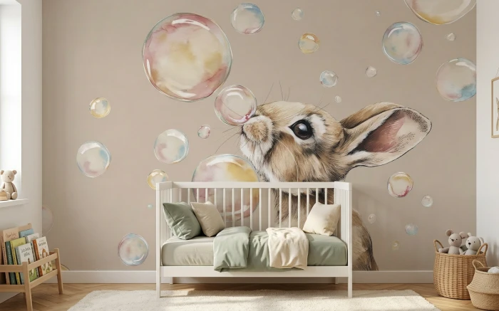 Tapeta z króliczkiem i różowym balonem z gumy BUNNY BUBBLES