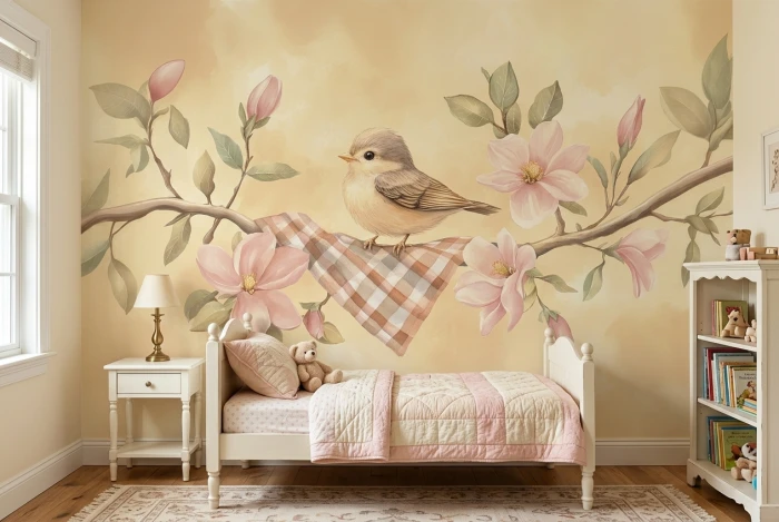 Tapeta z ptaszkiem i różową magnolią LULU