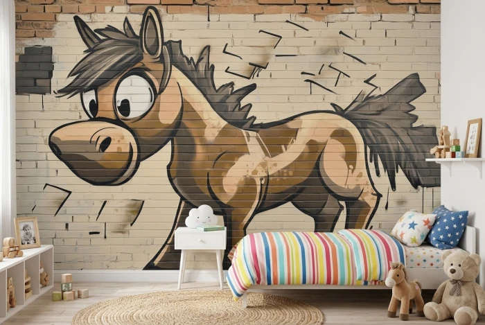 Tapeta z koniem graffiti BRICKO na tle ceglanej ściany