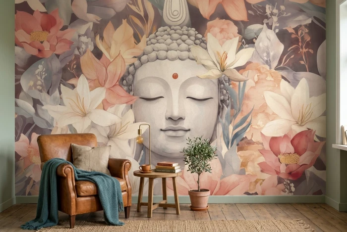Tapeta z Buddą i kwiatami AWAKEN w strefie relaksu