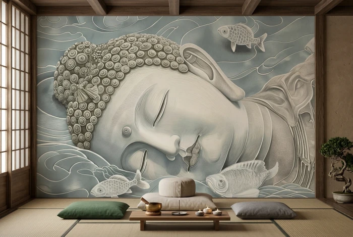 Tapeta z twarzą Buddy, falami i rybami koi AWAKENING