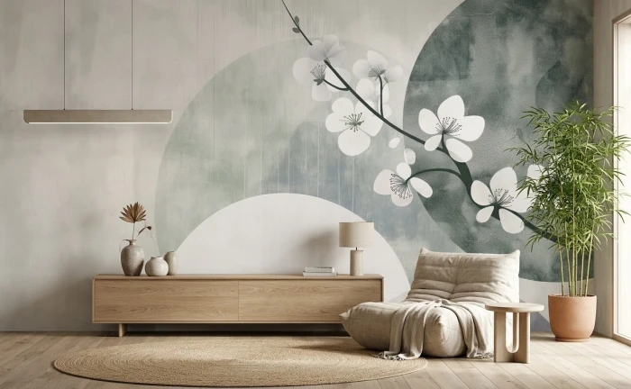 Orientalna tapeta z akwarelowymi kołami i kwiatami ZEN GARDEN