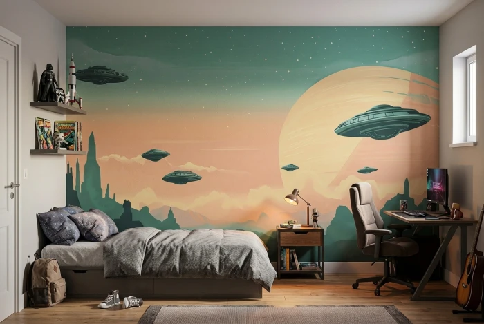 Tapeta kosmiczna z UFO ALIEN w pokoju nastolatka