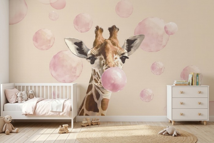 Tapeta GIGI BUBBLES z żyrafą w aranżacji pokoju dziecka