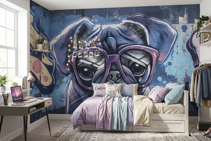 Tapeta graffiti z dużym mopsem w okularach GRAFFIMALS