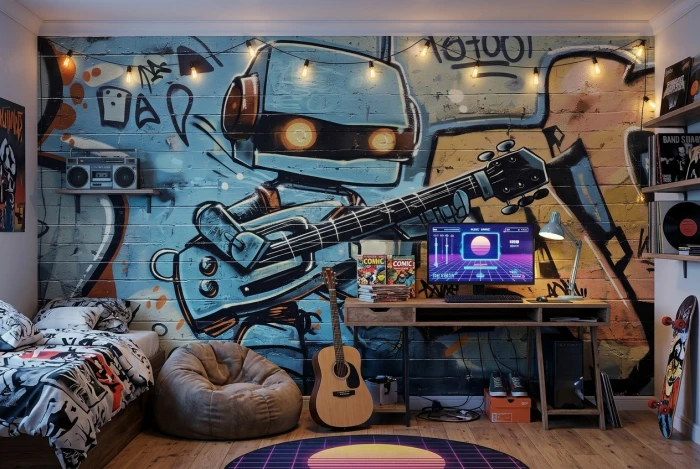 Tapeta graffiti z robotem i gitarą GRAFFIMALS