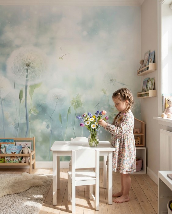 Pastelowa tapeta w dmuchawce – lekki kwiatowy mural ścienny z motywem łąki