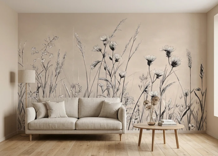 Botaniczna tapeta STILL w beżach i graficie