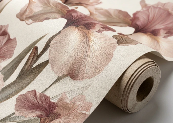 Botaniczna tapeta MARIEL z fioletowymi i różowymi irysami