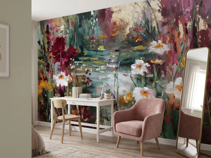 Tapeta w duże kwiaty FLORASH w eleganckim salonie
