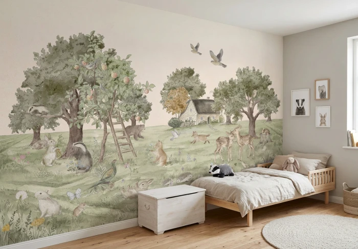 Tapeta woodland BRAMBLEY w naturalnym pokoju dziecięcym