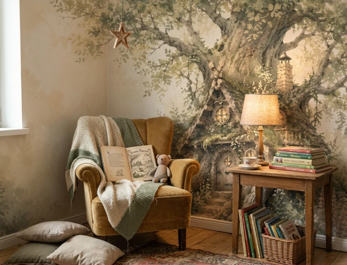 Mural fantasy z lasem w kolorach ziemi