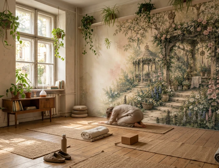Botaniczny mural w zieleni i naturalnych kolorach