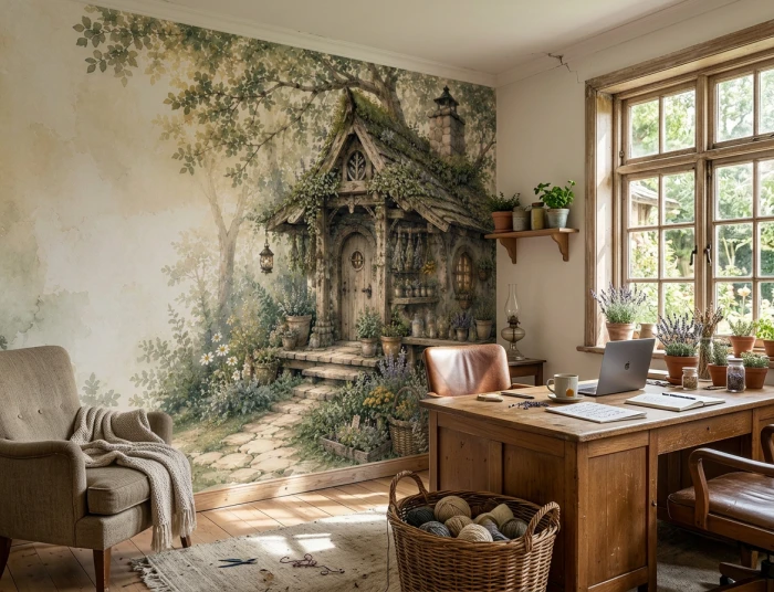 Leśny mural z chatką DOMEK SZEPTUCHY