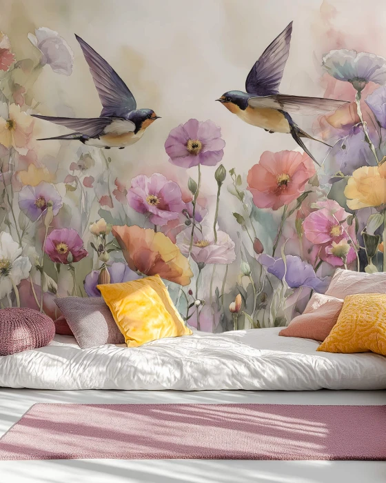 Tapeta botaniczna z ptakami i pastelowymi kwiatami