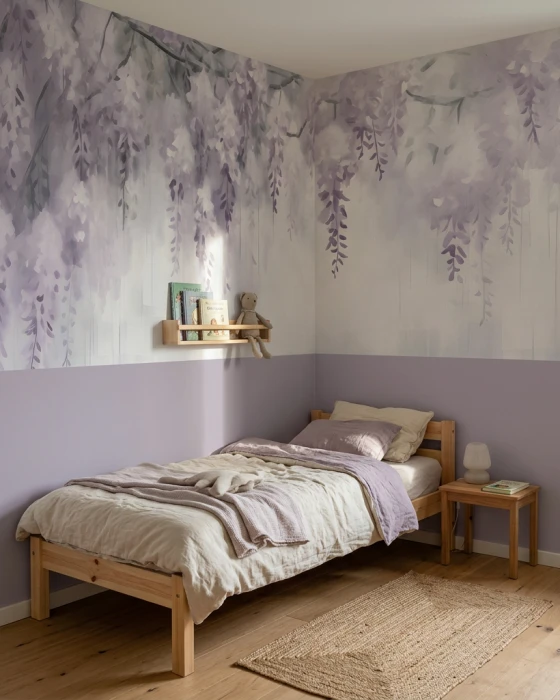 Tapeta WISTERIA ze zwisającymi kwiatami glicynii w odcieniach lawendy i pastelowego fioletu