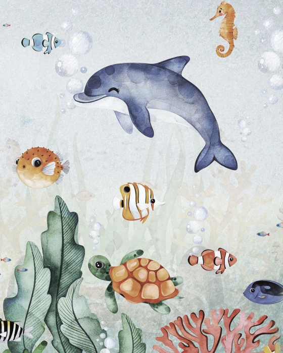 Tapeta dziecięca ocean z wielorybem rybkami i żółwiami