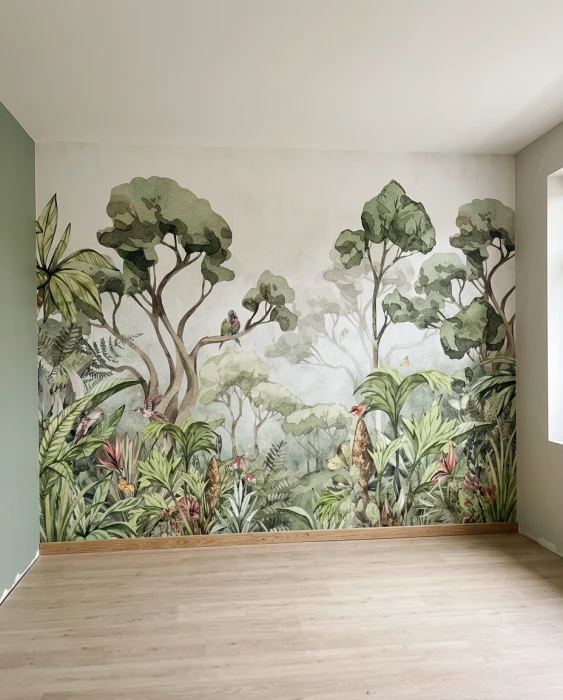 Tapeta botaniczna z dżunglą i egzotycznymi ptakami