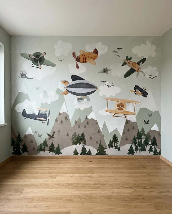 Tapeta SKYWARDS z samolotami retro i sterowcem nad górami i lasem w odcieniach zieleni, beżu, karmelu i grafitu