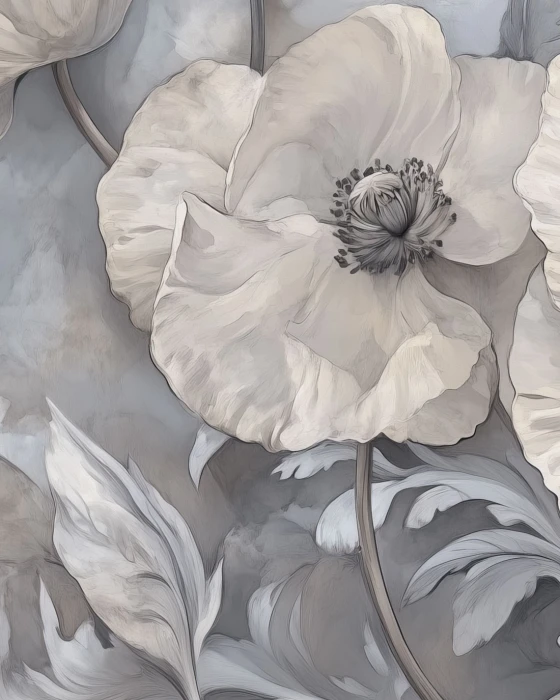 Szara tapeta z dużymi makami SILVERFLORA w sypialni