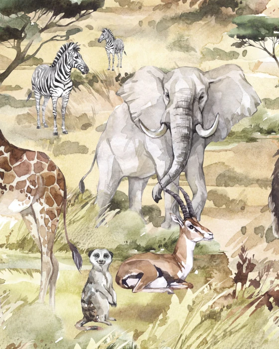Akwarelowa tapeta safari z żyrafą, słoniem i lwami