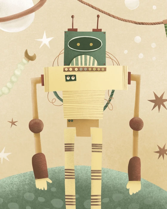 Tapeta ROBOTY z robotami retro, planetami i rakietą na beżowym tle w pokoju dziecka z drewnianym łóżkiem i zielonym biurkiem