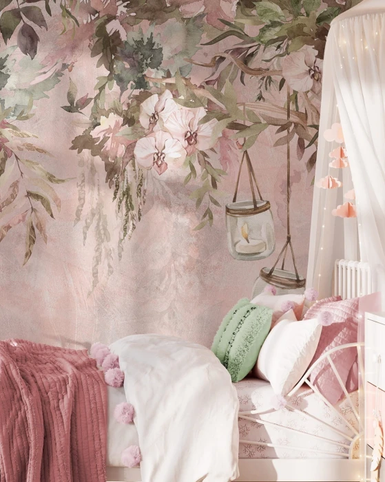 Pastelowa tapeta botaniczna z orchideami i lampionami