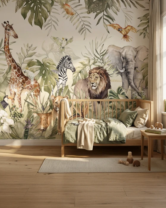 Tapeta safari z żyrafą, zebrą i lwami