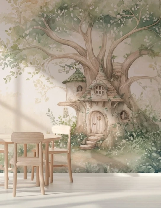 Mural ścienny z magicznym domkiem na drzewie – delikatna akwarelowa tapeta dziecięca