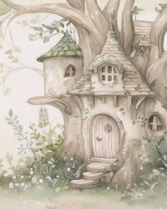 Bajkowa tapeta dla dzieci – magiczny domek w starym drzewie wśród leśnej roślinności