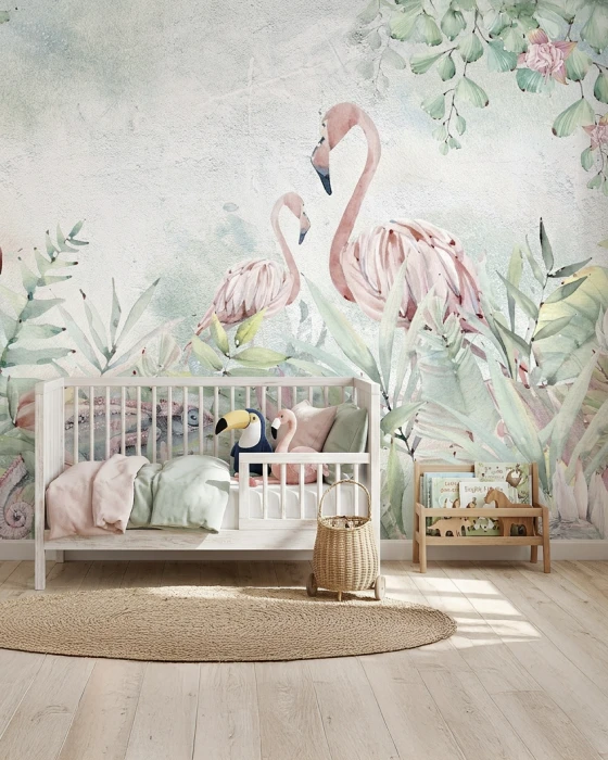 Tapeta z flamingami i tukanem HELLO JUNGLE