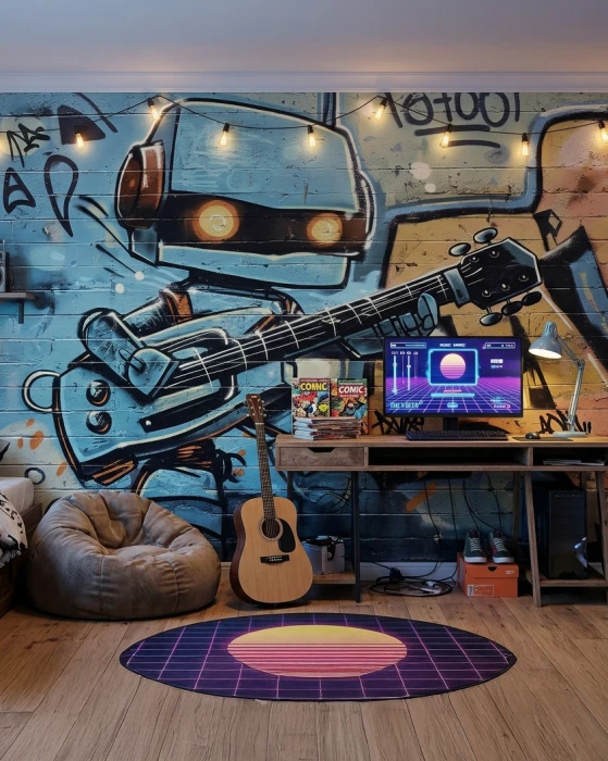 Tapeta graffiti z robotem i gitarą GRAFFIMALS