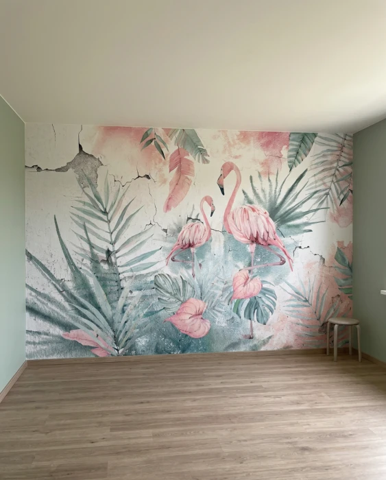 Egzotyczna tapeta botaniczna z flamingami