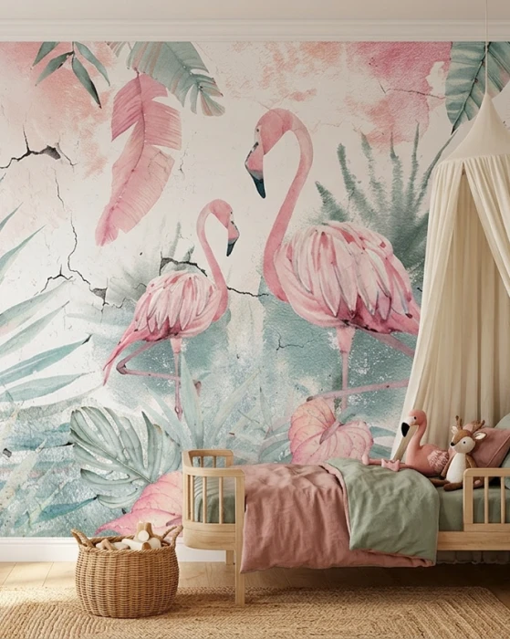 Tapeta tropical z flamingami w różu i zieleni