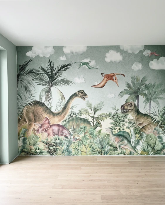 Akwarelowa tapeta z dinozaurami i palmami