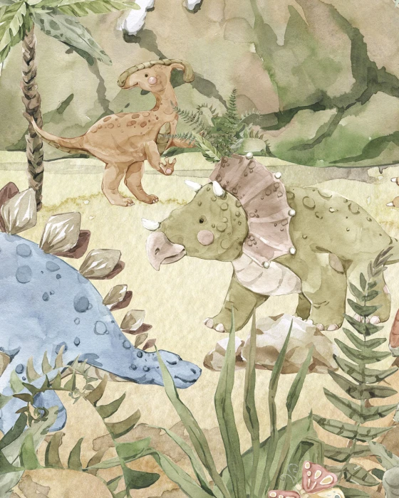 Dinozaury i wulkan – tapeta do pokoju dziecka.jpg