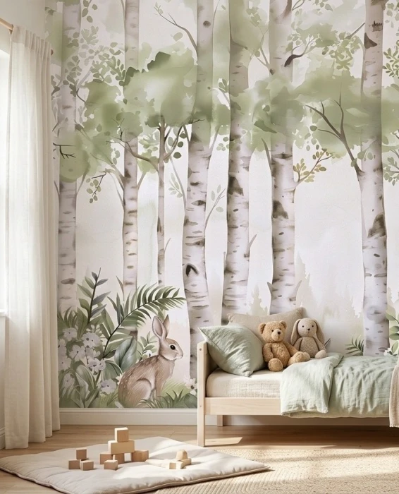 Tapeta z królikami i brzozami BUNNY HAVEN