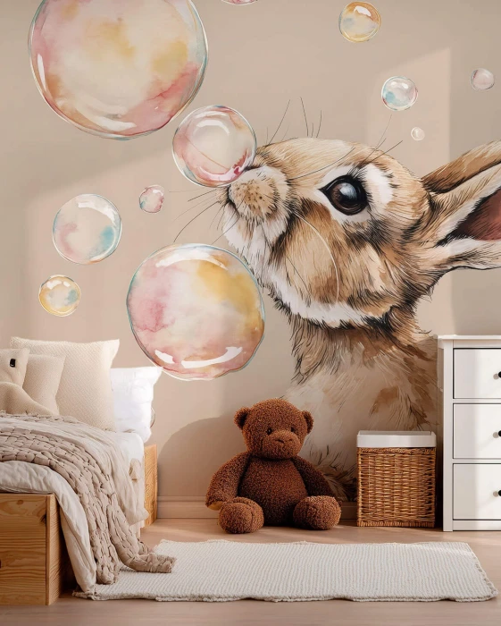 Tapeta BUNNY BUBBLES z króliczkiem w aranżacji pokoju dziecka