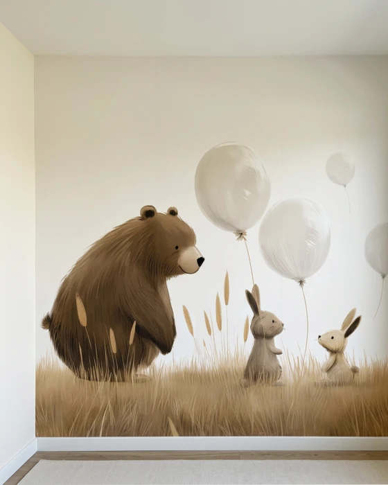 Beżowa tapeta ze zwierzętami – miś i króliki na łące z balonami do pokoju dziecięcego