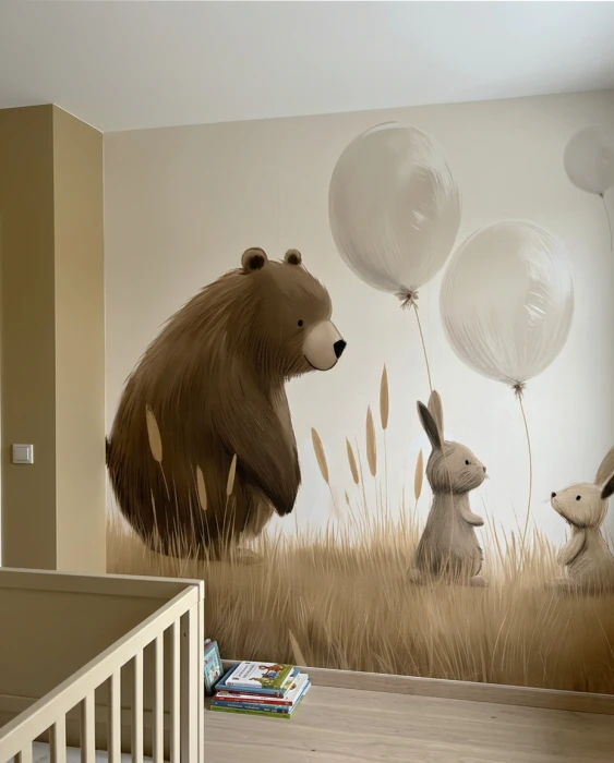 Tapeta z leśnymi zwierzętami dla dzieci – miś, króliczki i balony w delikatnej ilustracyjnej stylistyce