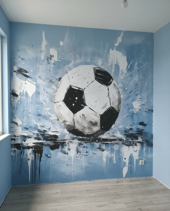 Niebieska tapeta piłkarska dla dzieci i młodzieży – mural z dużą piłką nożną