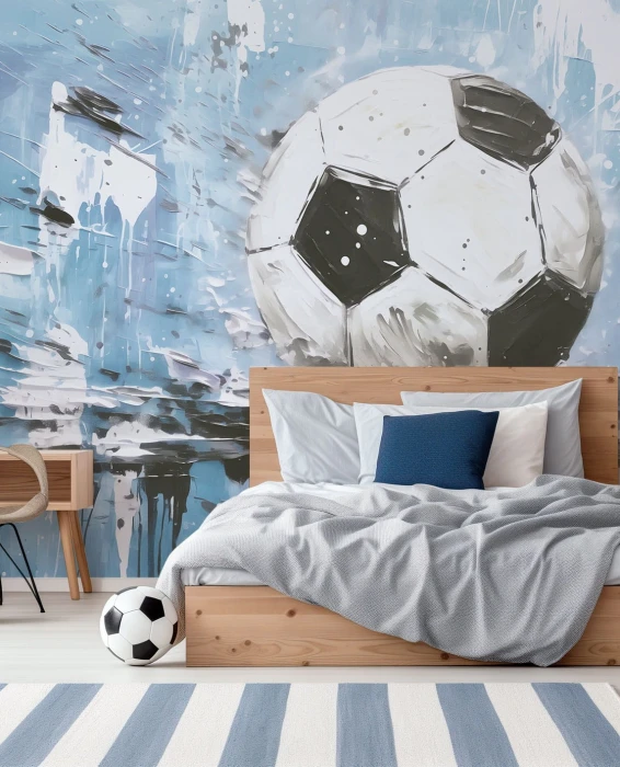 Tapeta piłkarska z piłką – niebieski mural ścienny do pokoju chłopca i młodego piłkarza