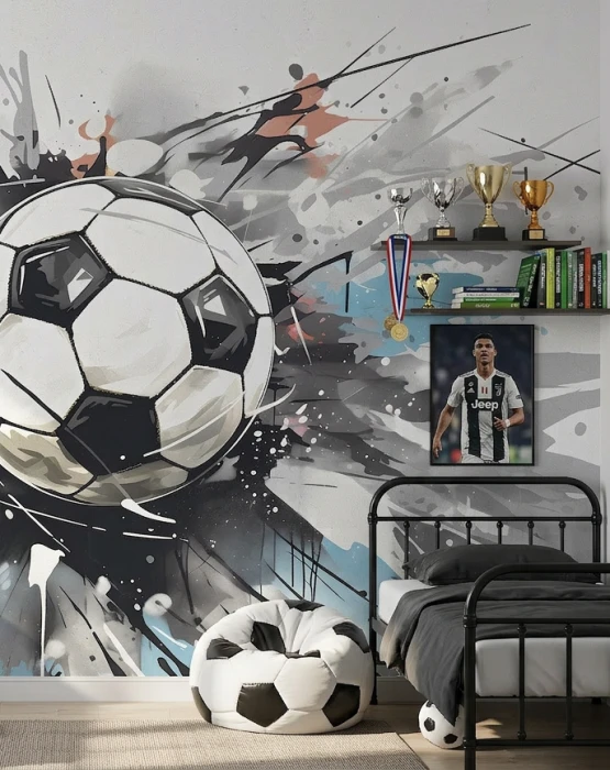 Tapeta piłkarska z piłką nożną – dynamiczny mural ścienny w stylu graffiti do pokoju chłopca