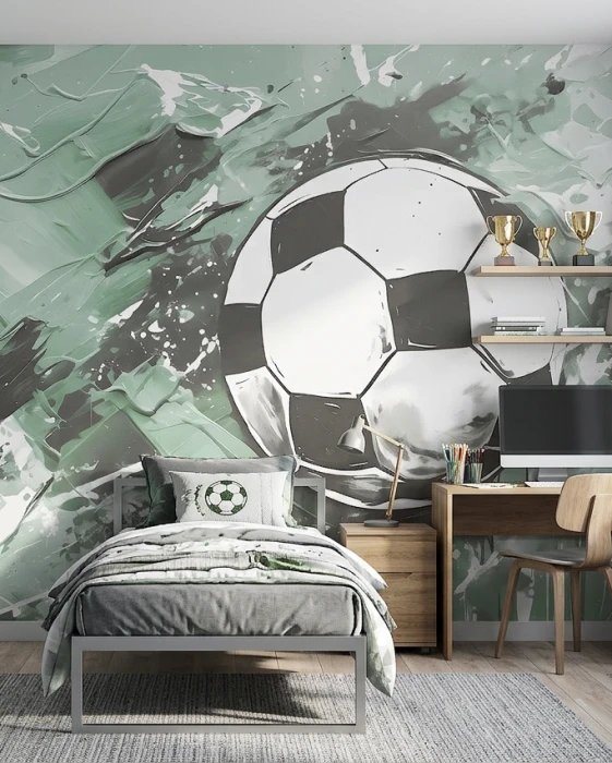 Zielona tapeta piłkarska z piłką nożną – nowoczesny mural sportowy do pokoju chłopca