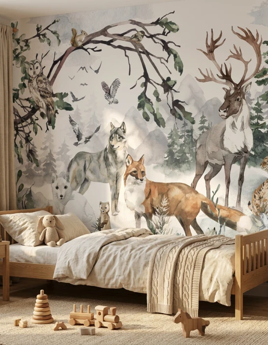 Tapeta leśna ze zwierzętami – akwarelowy mural z jeleniem, wilkiem, lisem, sową i leśnymi zwierzętami