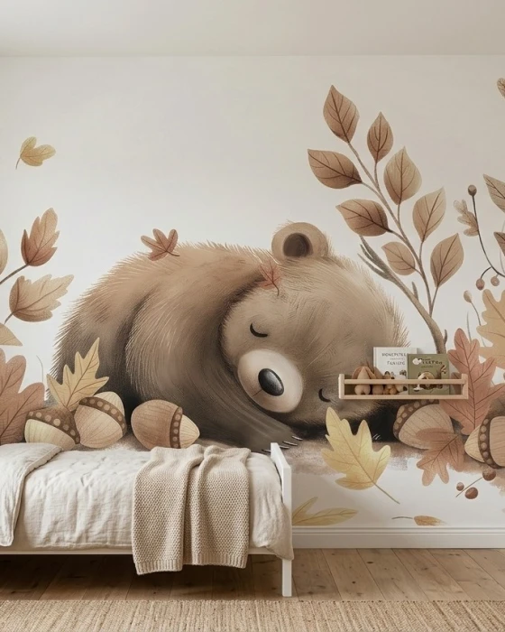 Tapeta ze śpiącym niedźwiedziem i jesiennymi liśćmi AUTUMN