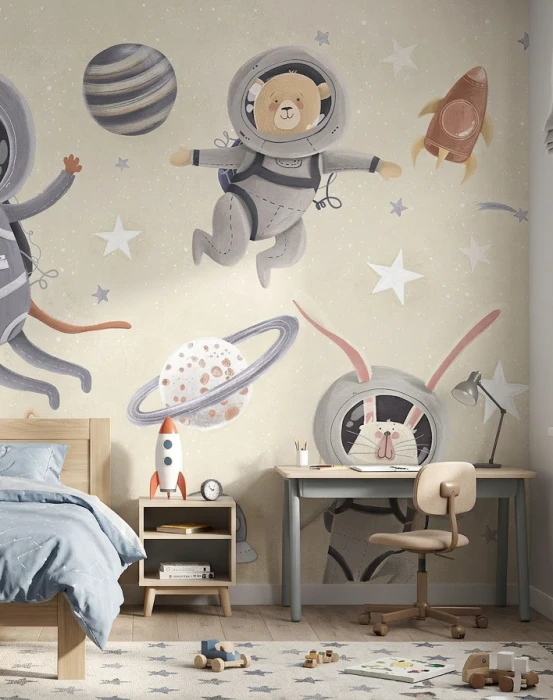 Tapeta kosmos dla dzieci – zwierzęta astronauci, planety, gwiazdy i rakieta w pastelowych kolorach