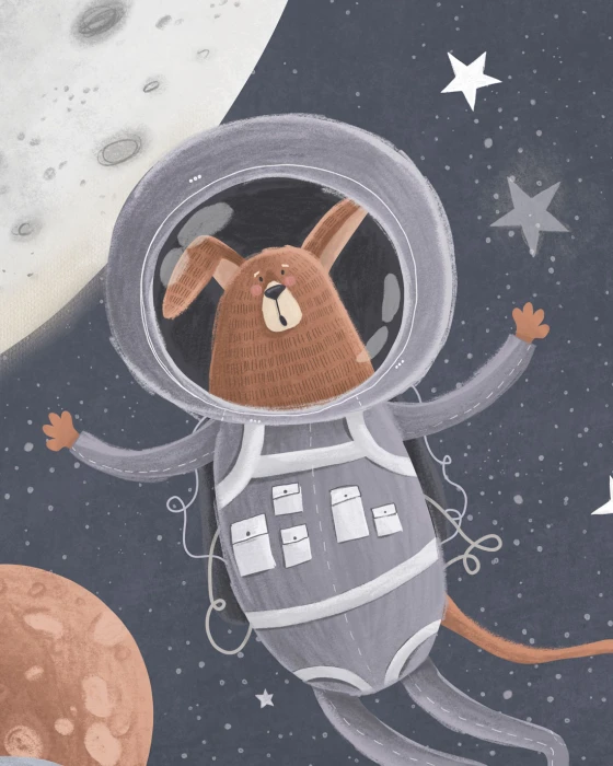 Granatowa tapeta dziecięca ze zwierzętami w kosmosie – mural z astronautami, rakietą i planetami