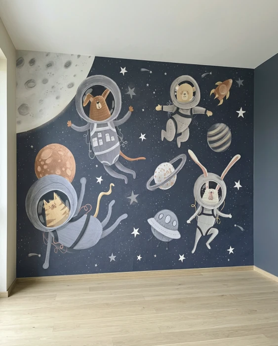 Tapeta z astronautami dla dzieci – kosmiczny mural ze zwierzętami, planetami, księżycem i gwiazdami